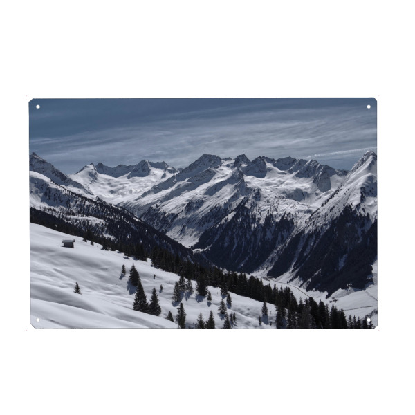 Holzbild "Kleine Hütte - verschneite Berge" artboxONE - Reise,Sport