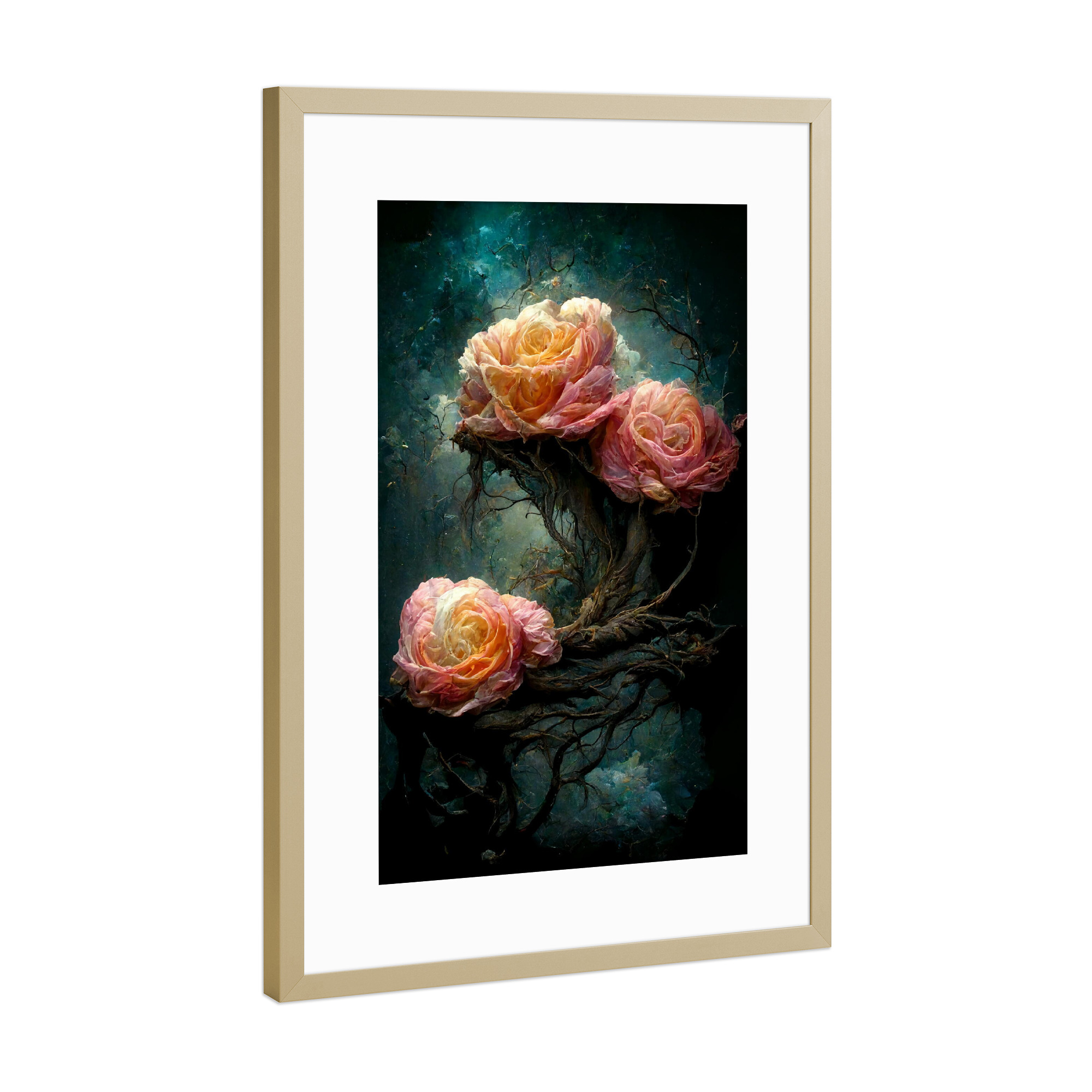 Poster mit Rahmen Gold "Fantasierose in einem Wald" artboxONE - Natur,Floral,Abstrakt