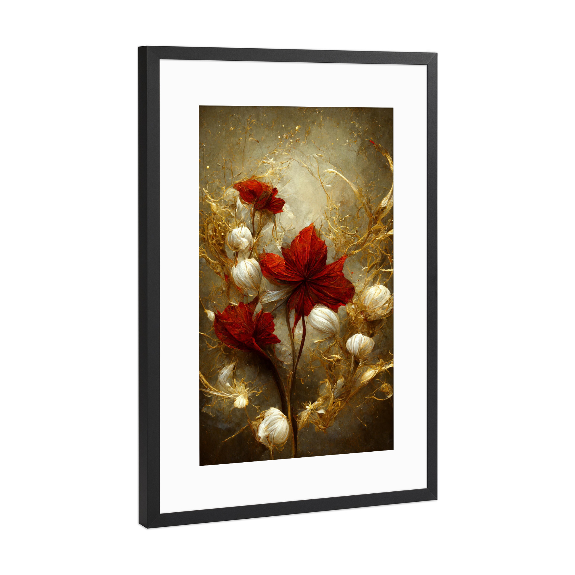 Poster mit Rahmen Schwarz (Metallic) "Blumen mit Gold" artboxONE - Natur,Floral,Weihnachten