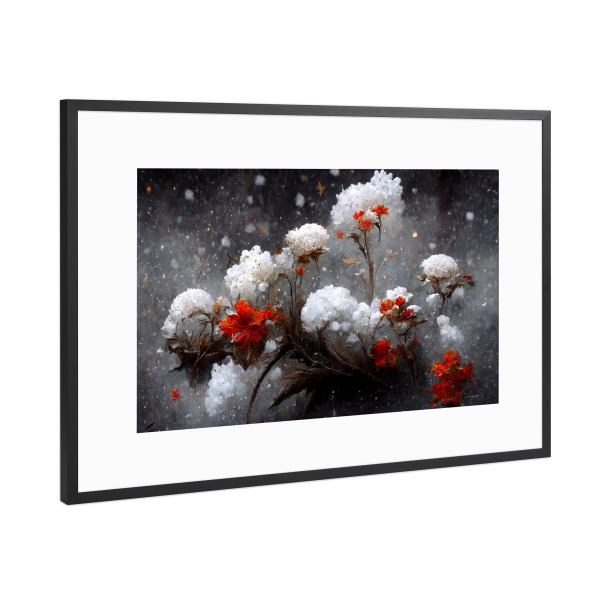 Poster mit Rahmen Schwarz (Metallic) "Blumen mit Schnee" artboxONE - Natur,Floral,Weihnachten