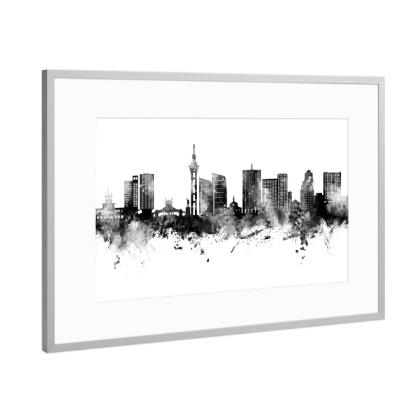 Poster mit Rahmen Silber "Kinshasa-Skyline-Schwarz" artboxONE - Städte
