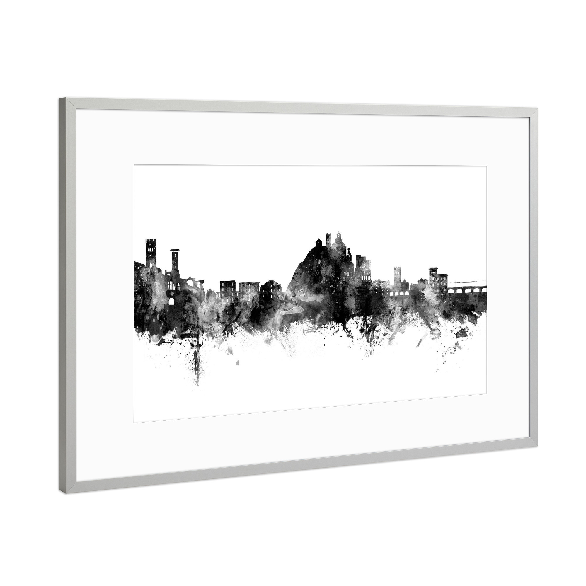 Poster mit Rahmen Silber "Monterosso al Mare Skyline BW" artboxONE - Städte - Monterosso al mare,Italien,Skyline,Stadtbild,Stadtbild,Aquarell,Malerei