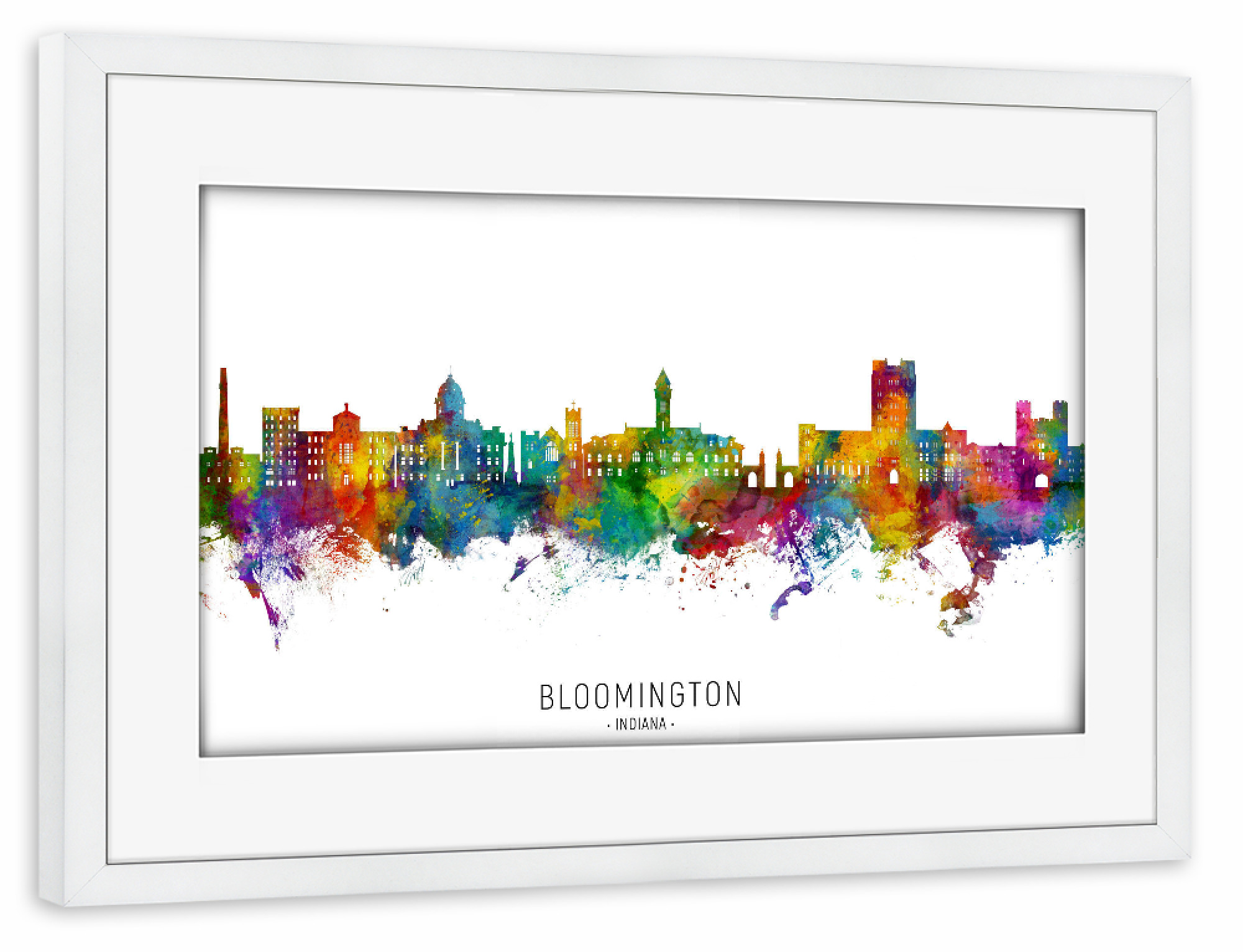 Poster mit Rahmen weiß "Bloomington Indiana Skyline txt" artboxONE - Städte - Bloomington,Indiana,Skyline,Stadtbild,Stadtbild,Aquarell,Malerei