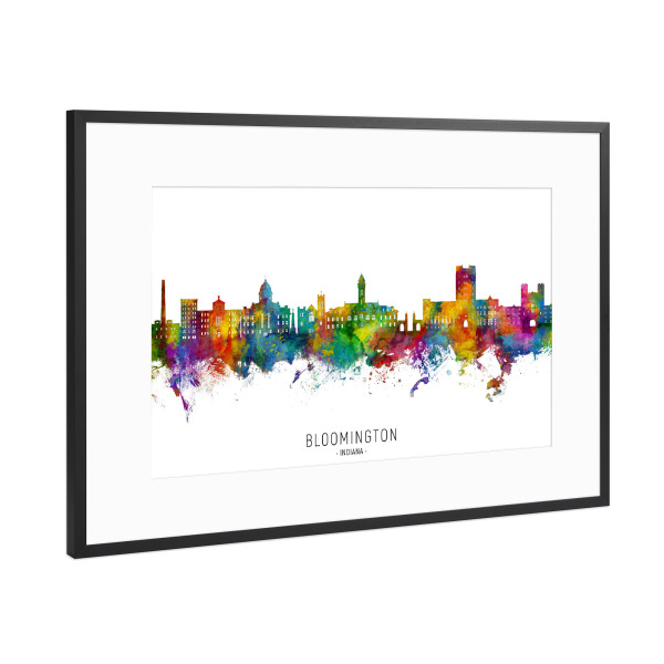 Poster mit Rahmen Schwarz (Metallic) "Bloomington Indiana Skyline txt" artboxONE - Städte