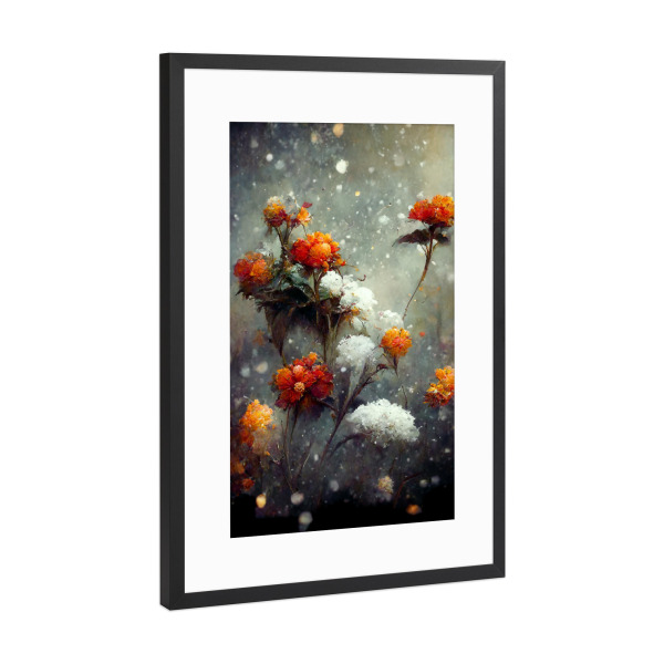 Poster mit Rahmen Schwarz (Metallic) "Orangefarbene Blumen im Schnee" artboxONE - Natur,Floral,Weihnachten