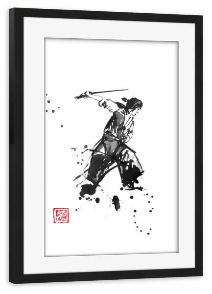 Poster mit Rahmen schwarz "Samurai schneiden" artboxONE - Menschen,Reise / Asien,Männer - Samurai,Sumie,Japan,Schwarzweiß,Krieger,Kämpfer