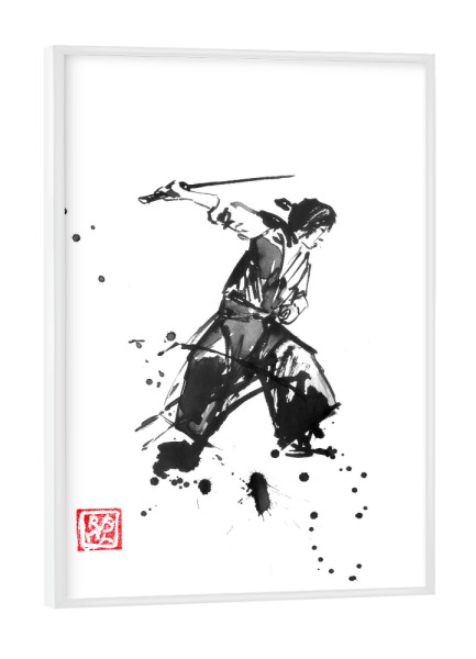 Poster mit weißem Rahmen "Samurai schneiden" artboxONE - Menschen,Reise / Asien,Männer - Samurai,Sumie,Japan,Schwarzweiß,Krieger,Kämpfer