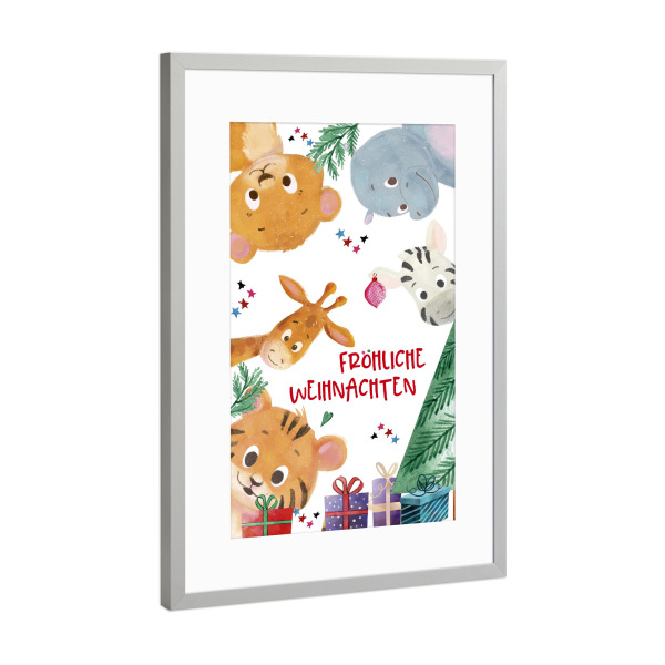 Poster mit Rahmen Silber "Fröhliche Tiere an Weihnachten" artboxONE - Für Kinder,Tiere,Comic,Weihnachten,Lustig