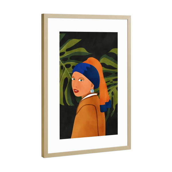 Poster mit Rahmen Gold "Mädchen mit grünen Blättern" artboxONE - Natur,Floral,Abstrakt