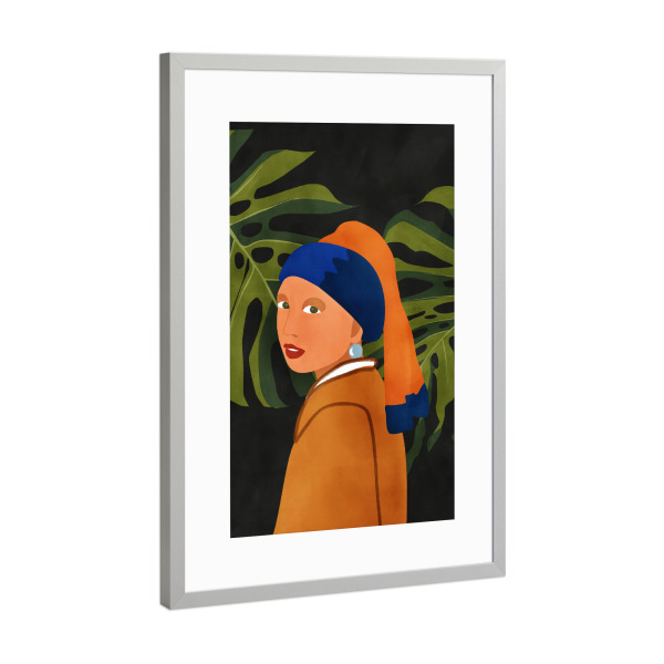 Poster mit Rahmen Silber "Mädchen mit grünen Blättern" artboxONE - Natur,Floral,Abstrakt