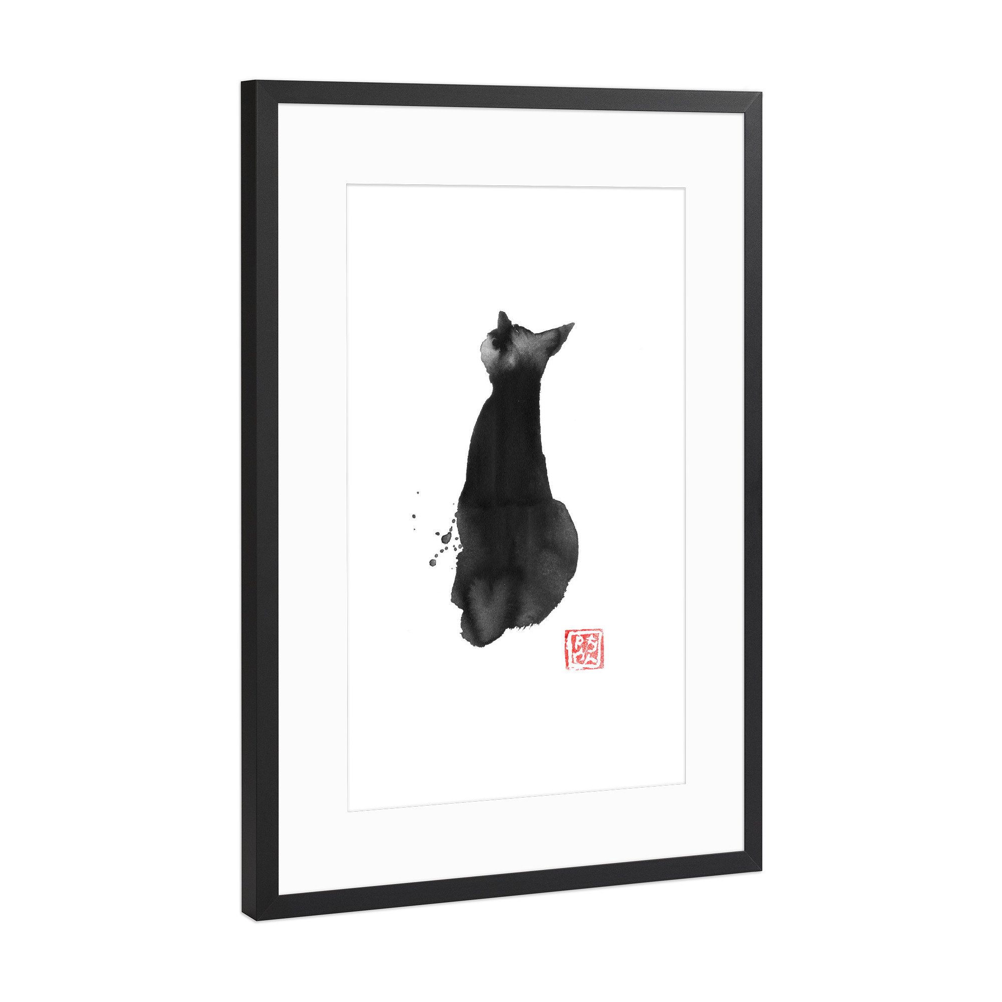 Poster mit Rahmen Schwarz (Metallic) "Zurück Katze" artboxONE - Tiere - Katze,Sumie,Japan,Tier,Schwarzweiß