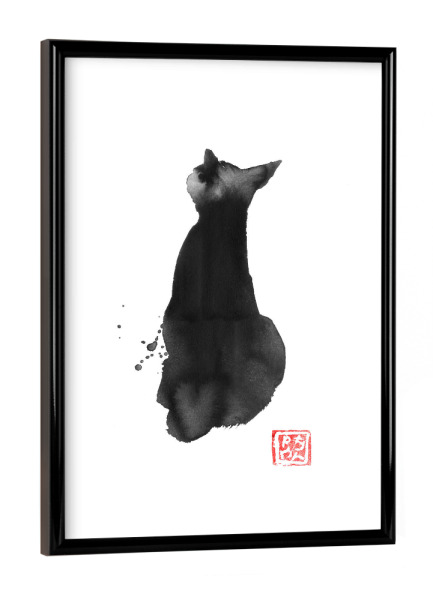 Poster mit schwarzem Rahmen "Zurück Katze" artboxONE - Tiere - Katze,Sumie,Japan,Tier,Schwarzweiß