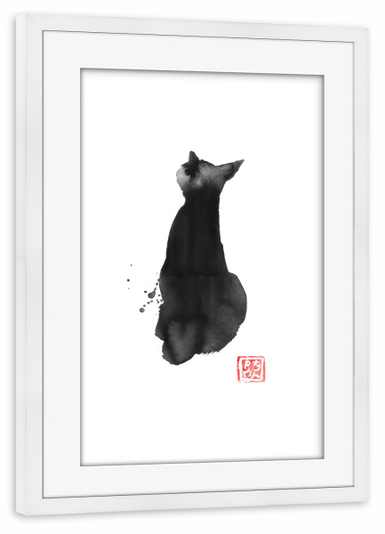 Poster mit Rahmen weiß "Zurück Katze" artboxONE - Tiere - Katze,Sumie,Japan,Tier,Schwarzweiß