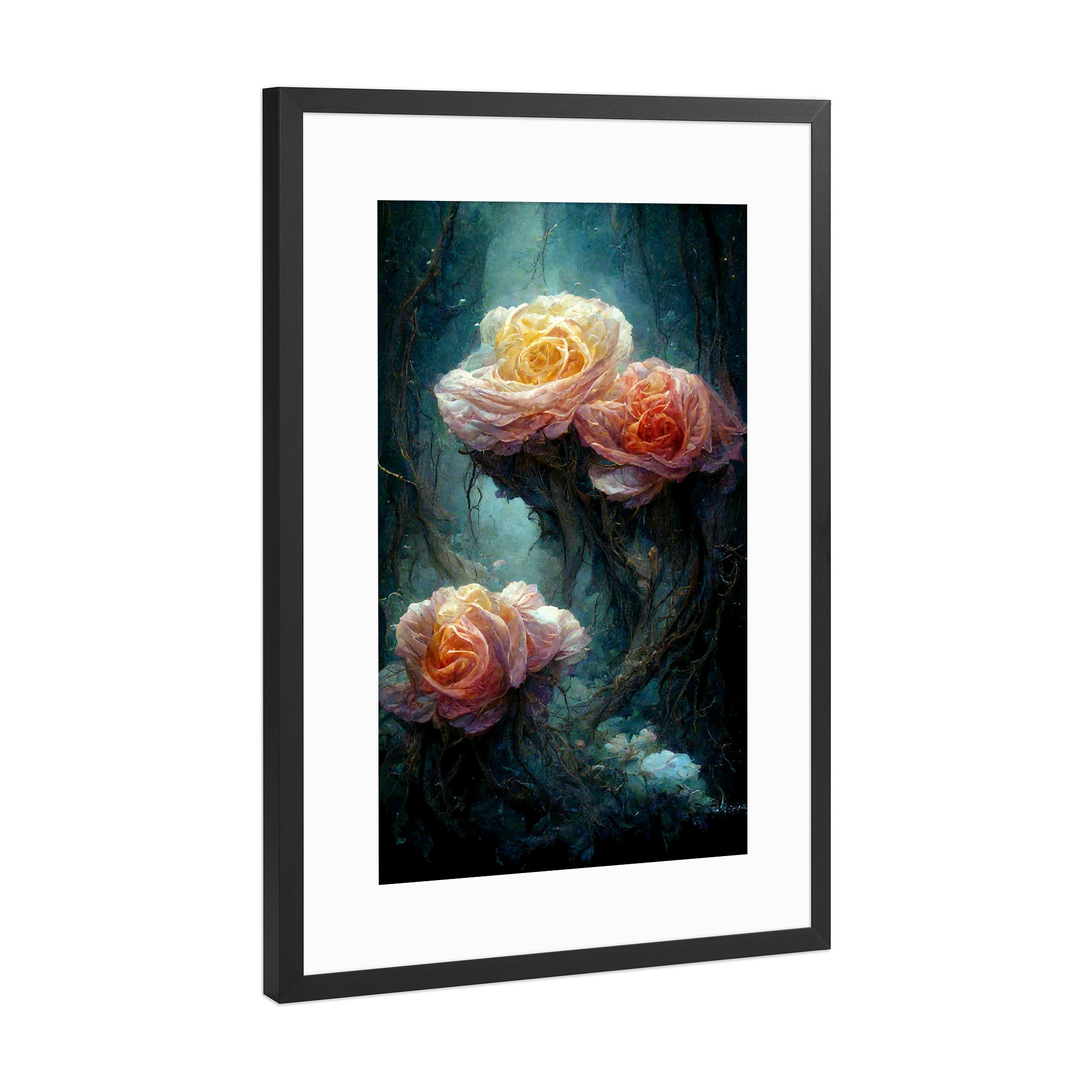 Poster mit Rahmen Schwarz (Metallic) "Wald mit Rosen" artboxONE - Natur,Floral,Abstrakt