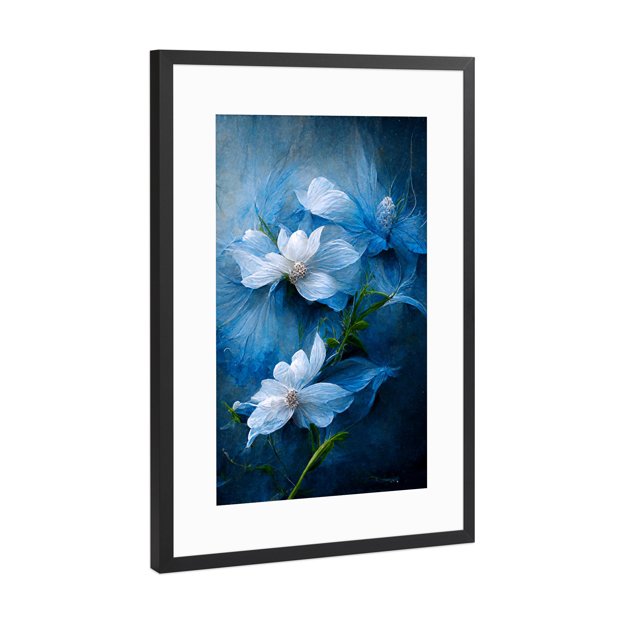 Poster mit Rahmen Schwarz (Metallic) "Blumen in Blau und Weiß" artboxONE - Natur,Floral,Fiktion