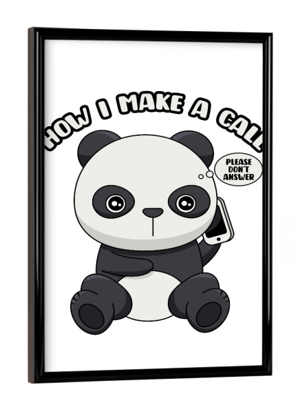 Poster mit schwarzem Rahmen "Einen Anruf tätigen" artboxONE - Lustig - Panda,Süße tiere,Süß,Angst,Sozial,Bär,Tier