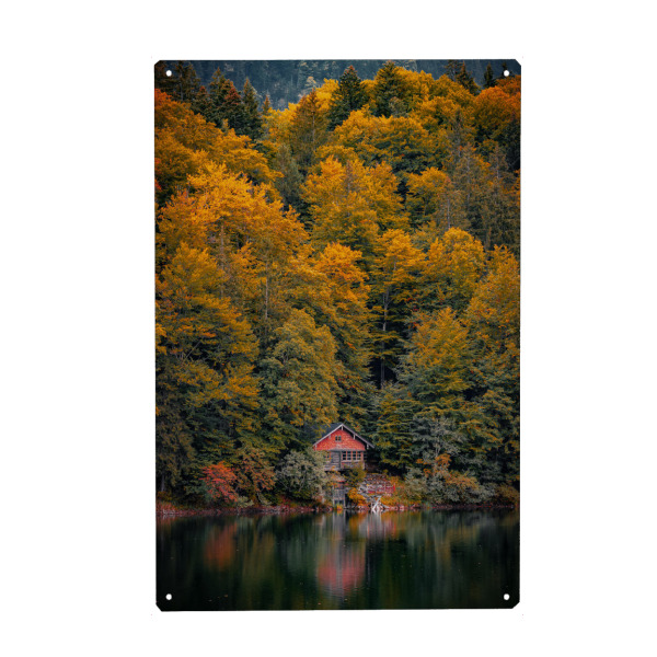 Holzbild "Freibergsee, Allgäu" artboxONE - Natur,Reise - Herbst,See,Allgäu,Deutschland,Natur,Landschaft,Hütte,Wandern,Laubfärbung,Bayern