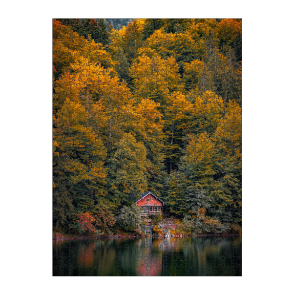 Puzzle Ravensburger "Freibergsee, Allgäu" artboxONE - Natur,Reise - Herbst,See,Allgäu,Deutschland,Natur,Landschaft,Hütte,Wandern,Laubfärbung,Bayern