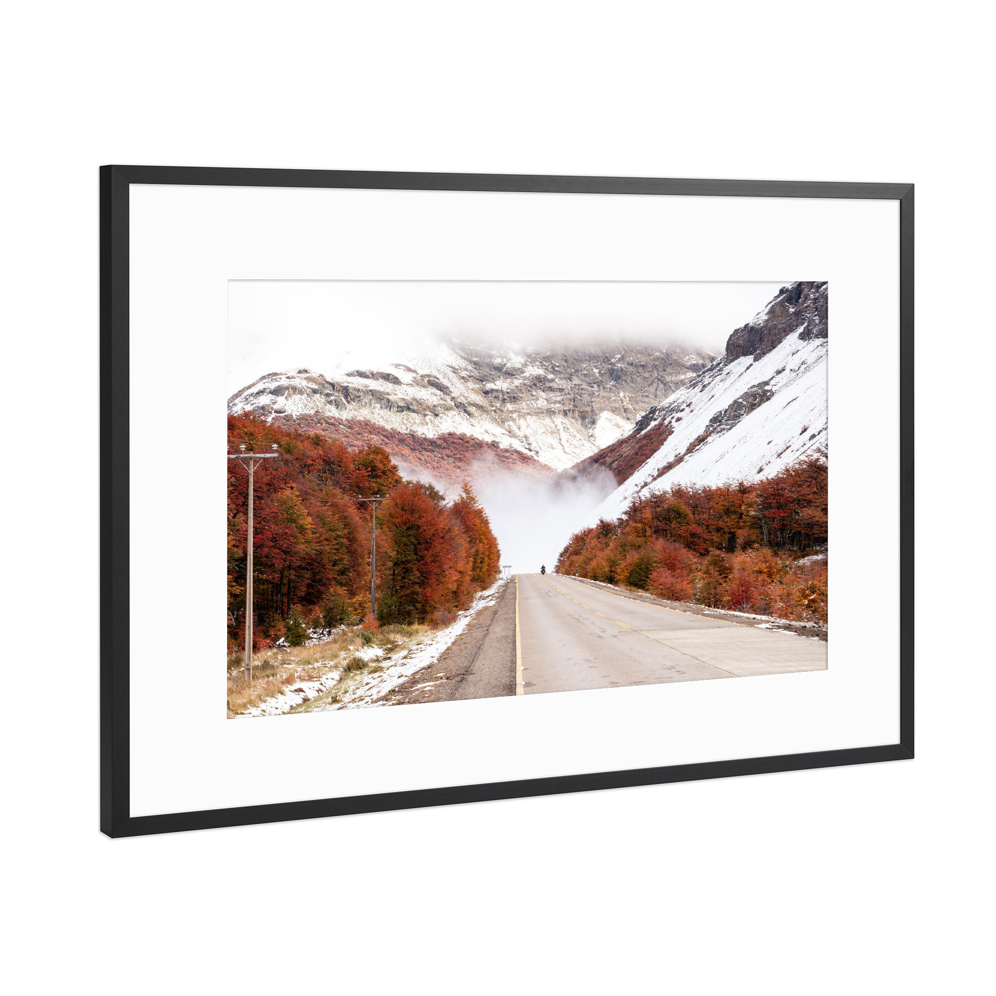 Poster mit Rahmen Schwarz (Metallic) "Riding South" artboxONE - Natur,Reise - Motorrad,Bike,Reise,Carretera austral,Chile,Herbst,Patagonien,Strasse