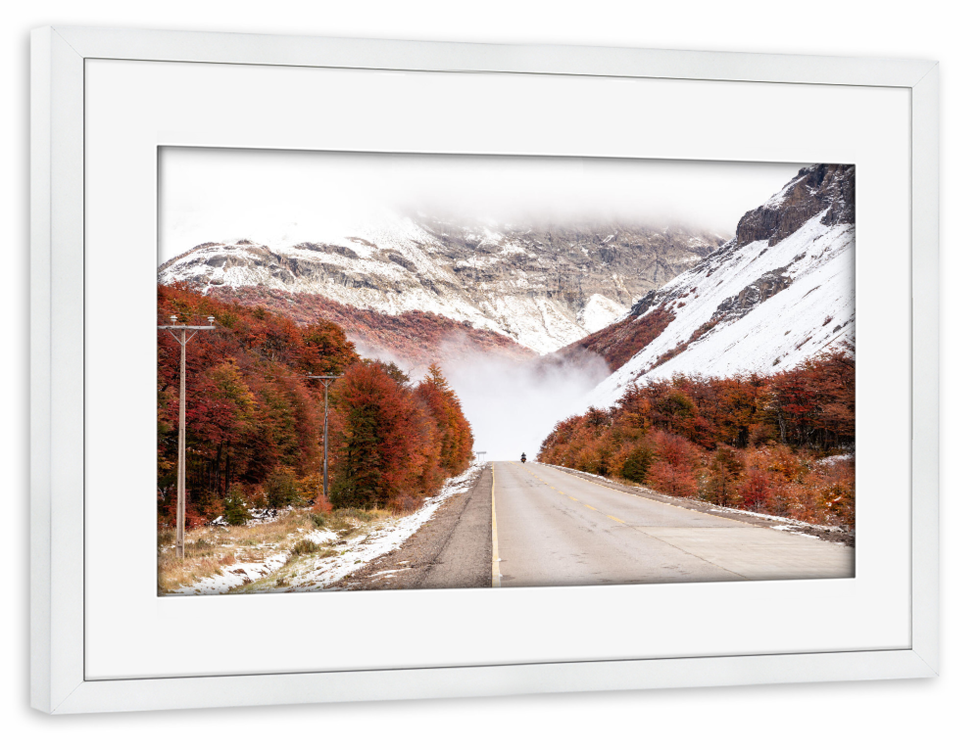 Poster mit Rahmen weiß "Riding South" artboxONE - Natur,Reise - Motorrad,Bike,Reise,Carretera austral,Chile,Herbst,Patagonien,Strasse