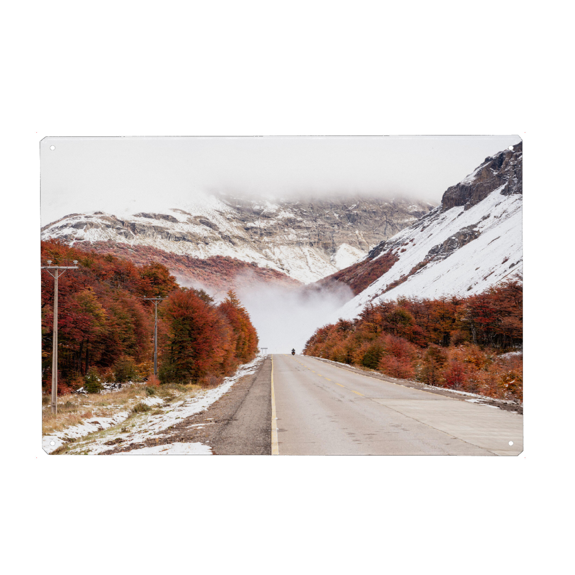 Holzbild "Riding South" artboxONE - Natur,Reise - Motorrad,Bike,Reise,Carretera austral,Chile,Herbst,Patagonien,Strasse
