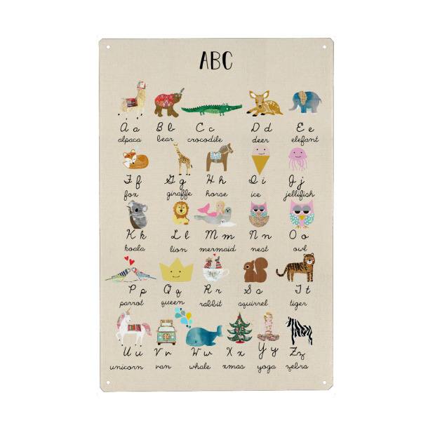 Holzbild "ABC with animals" artboxONE - Für Kinder,Tiere,Buchstaben - Abc with animals,Abc,Kids,Kinder,Children,Baby,Süß,Boho,Natural,Beige