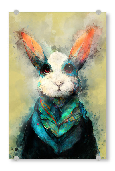 Acrylglasbild "Kaninchen mit grünem Schal" artboxONE - Für Kinder,Tiere,Lustig - Kaninchen,Hase,Schal,Aquarell,Malerei,Tiere,Tier,Abstrakt