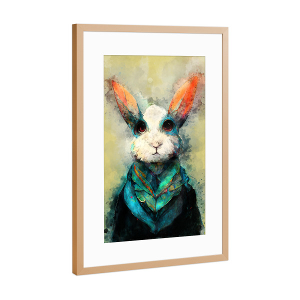 Poster mit Rahmen Kupfer "Kaninchen mit grünem Schal" artboxONE - Für Kinder,Tiere,Lustig - Kaninchen,Hase,Schal,Aquarell,Malerei,Tiere,Tier,Abstrakt