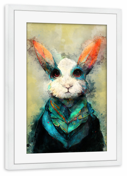 Poster mit Rahmen weiß "Kaninchen mit grünem Schal" artboxONE - Für Kinder,Tiere,Lustig - Kaninchen,Hase,Schal,Aquarell,Malerei,Tiere,Tier,Abstrakt