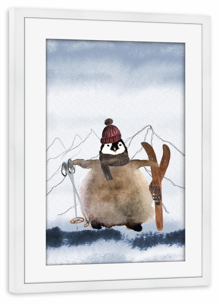 Poster mit Rahmen weiß "Skifahrer Pinguin" artboxONE - Für Kinder,Tiere,Weihnachten,Lustig