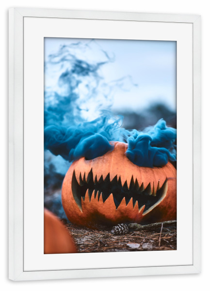 Poster mit Rahmen weiß "Boooo" artboxONE - Halloween - Halloween,Kürbis,Scary,Spooky,Unheimlich,Fies,Gemein,Angst,Monster,Feiertag