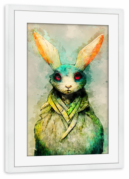 Poster mit Rahmen weiß "Grünes Kaninchen-Aquarell" artboxONE - Für Kinder,Tiere,Lustig - Kaninchen,Hase,Tier,Tiere,Aquarell,Malerei