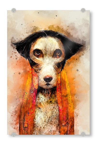 Acrylglasbild "Hund mit orangefarbenem Schal" artboxONE - Für Kinder,Tiere - Hund,Hunde,Orange,Schal,Aquarell,Malerei,Tier,Tiere,Haustier