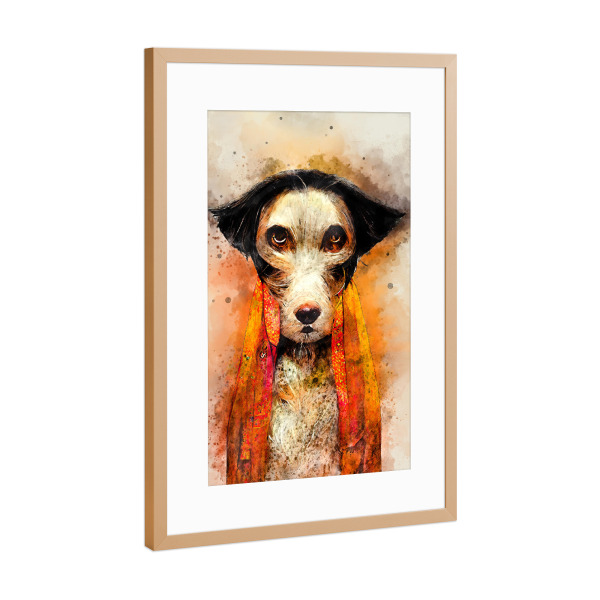 Poster mit Rahmen Kupfer "Hund mit orangefarbenem Schal" artboxONE - Für Kinder,Tiere - Hund,Hunde,Orange,Schal,Aquarell,Malerei,Tier,Tiere,Haustier