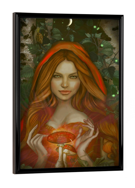 Poster mit schwarzem Rahmen "Amanita" artboxONE - Natur,Menschen,Halloween - Fliegenpilz,Halloween,Hexe,Pilze,Wald,Mystisch,Zauber,Frau,Märchen