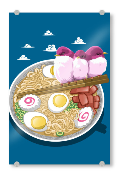Acrylglasbild "Three birds in ramen" artboxONE - Tiere,Städte / Tokio - Ramen,Japan,Nudeln,Vögel,Natur,Ei,Essen