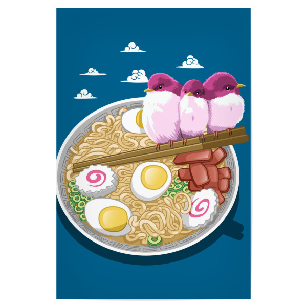 Poster "Three birds in ramen" artboxONE - Tiere,Städte / Tokio - Ramen,Japan,Nudeln,Vögel,Natur,Ei,Essen