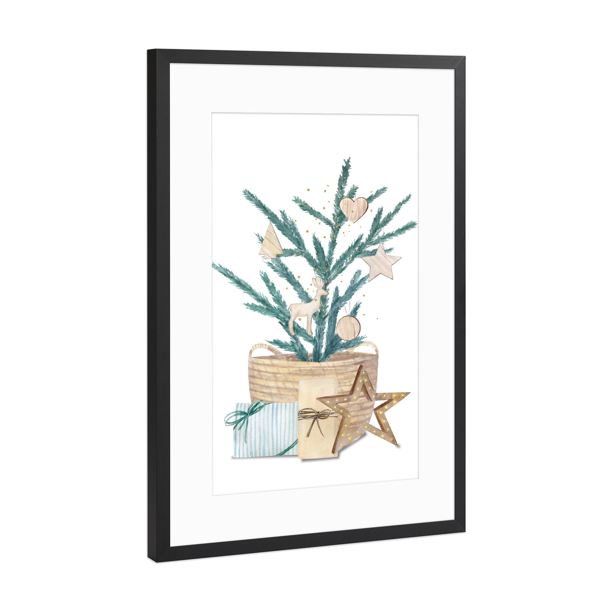 Poster mit Rahmen Schwarz (Metallic) "Tannenzweig im Korb" artboxONE - Natur,Weihnachten
