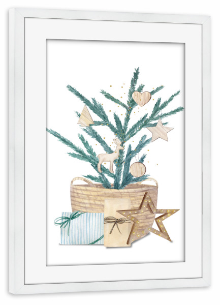Poster mit Rahmen weiß "Tannenzweig im Korb" artboxONE - Natur,Weihnachten