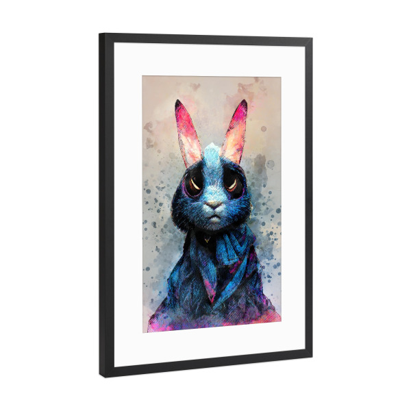 Poster mit Rahmen Schwarz (Metallic) "Blaues Kaninchen-Aquarell" artboxONE - Für Kinder,Tiere,Lustig - Kaninchen,Hase,Tier,Tiere,Aquarell,Malerei