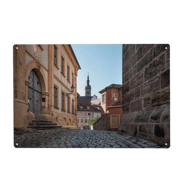Metall Poster "Bamberger Altstadt" artboxONE - Städte,Architektur - Pfarrgasse,Stephanskirche,Kopfsteinpflaster,Bamberg,Bayern,Historischer stadtkern