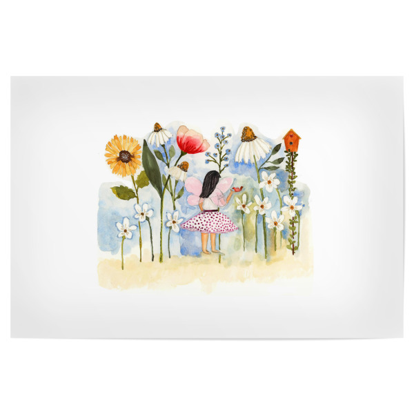 Poster 30x20 cm "Flower Fairy" artboxONE - Floral,Für Kinder,Für Mama - Fee,Flowerfairy,Fairy,Floral,Blumen,Watercolor,Aquarell,Lenayokota,Vogel