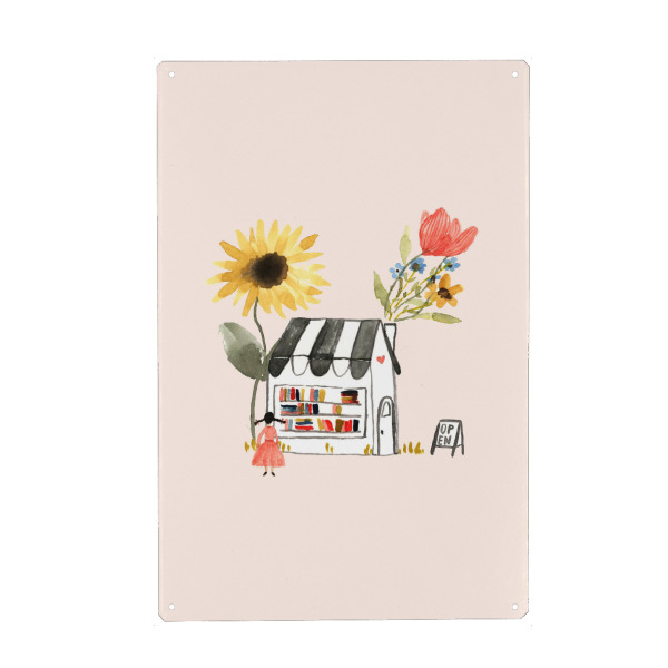 Holzbild "Haus unter Blumen - Bücherladen" artboxONE - Natur,Floral,Für Kinder,Für Mama