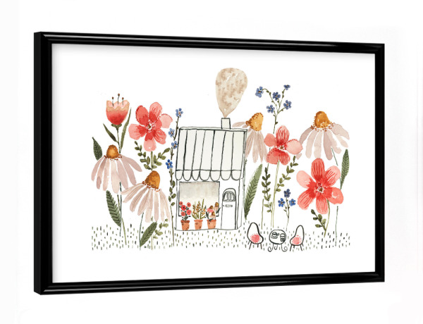 Poster mit schwarzem Rahmen "Haus unter Blumen - Caféhaus" artboxONE - Floral