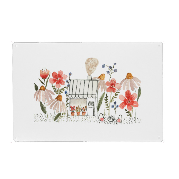 Holzbild "Haus unter Blumen - Caféhaus" artboxONE - Floral - Floral,Haus,Blumen,Café,Blumig,Illustration,Lenayokota,Aquarell,Watercolor