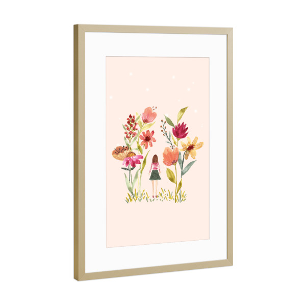 Poster mit Rahmen Gold "Mädchen unter Blumen" artboxONE - Natur,Floral,Für Kinder,Für Mama
