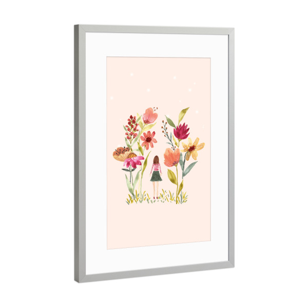 Poster mit Rahmen Silber "Mädchen unter Blumen" artboxONE - Natur,Floral,Für Kinder,Für Mama