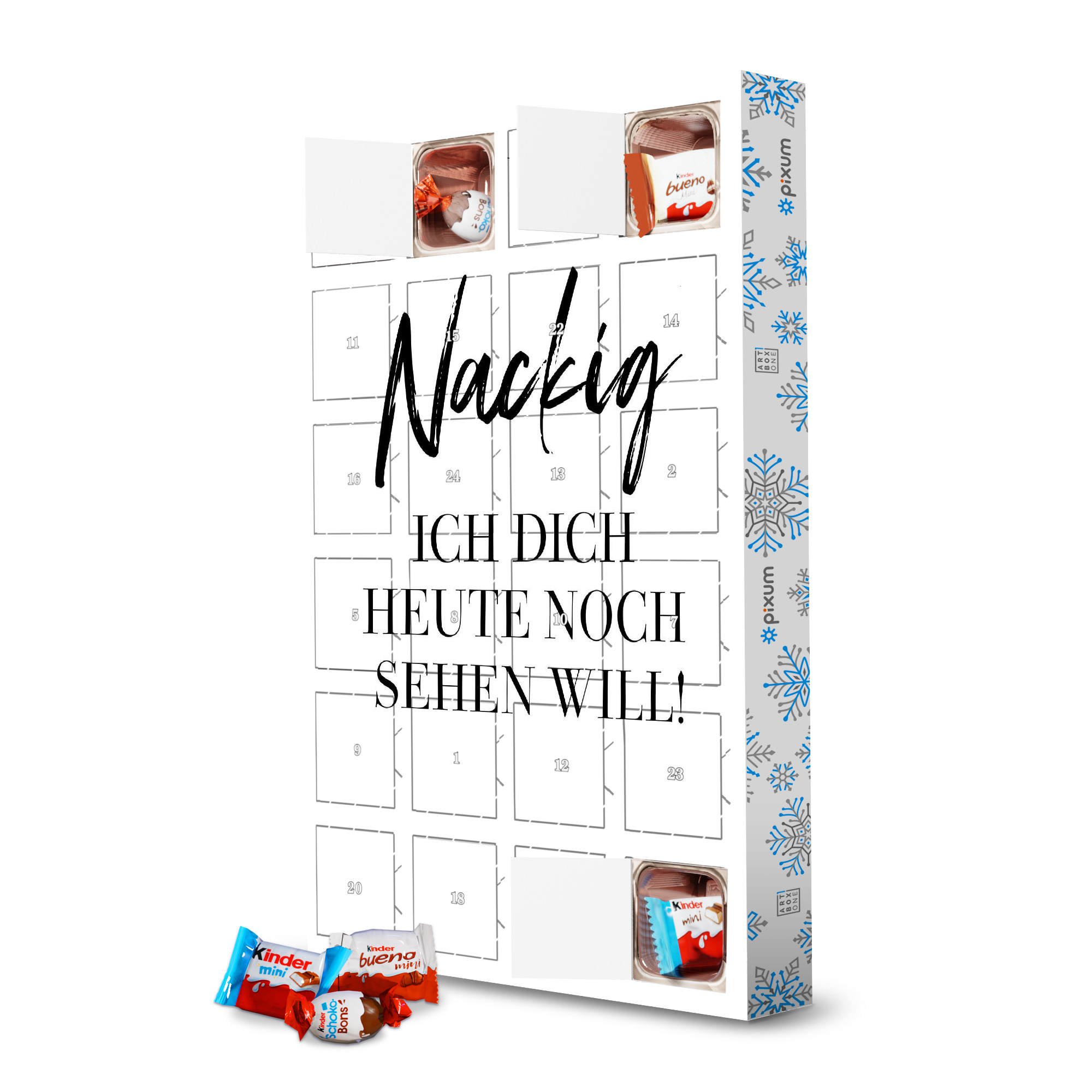 Adventskalender mit Produkten von Kinder Nackig artboxONE Adventskalender Typografie