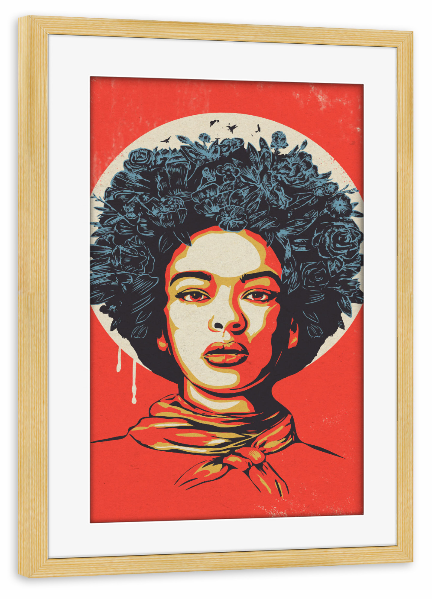 Poster mit Rahmen kiefer "Blumenhaar" artboxONE - Floral,Menschen - Vintage,Retro,Mädchen,Porträt,Gesicht,Frau,Blumen,Blumen,Street art