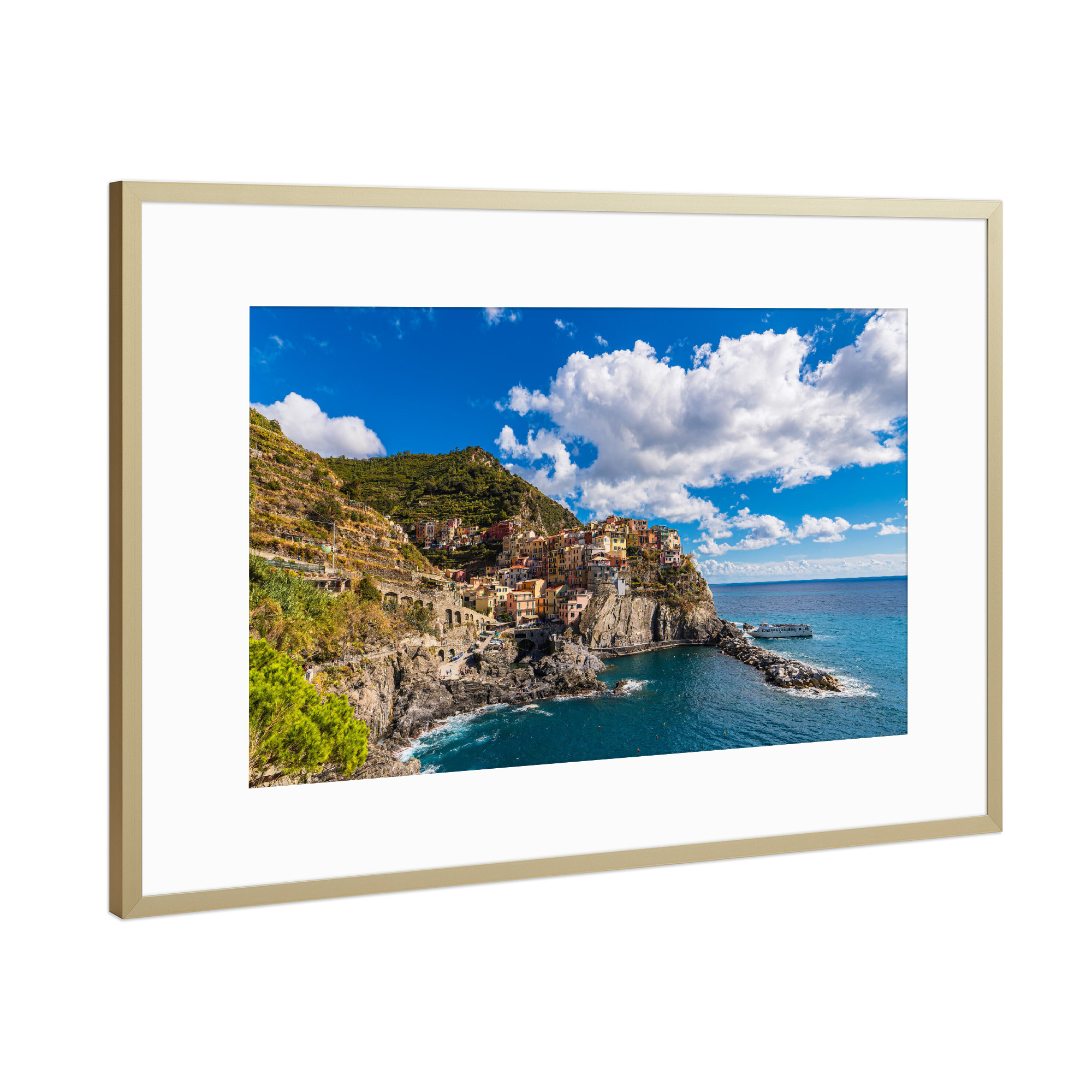 Poster mit Rahmen Gold "Felsen, Dorf, Mittelmeer" artboxONE - Natur,Reise,Architektur,Reise / Strand und Meer,Reise / Länder